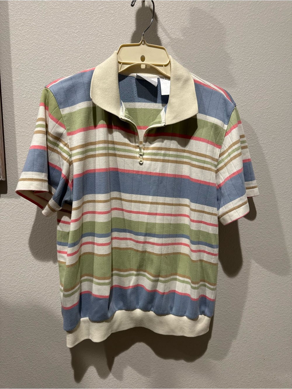 Alfred Duner Striped Pastel Zip Polo Top - Blue, Green, Cream